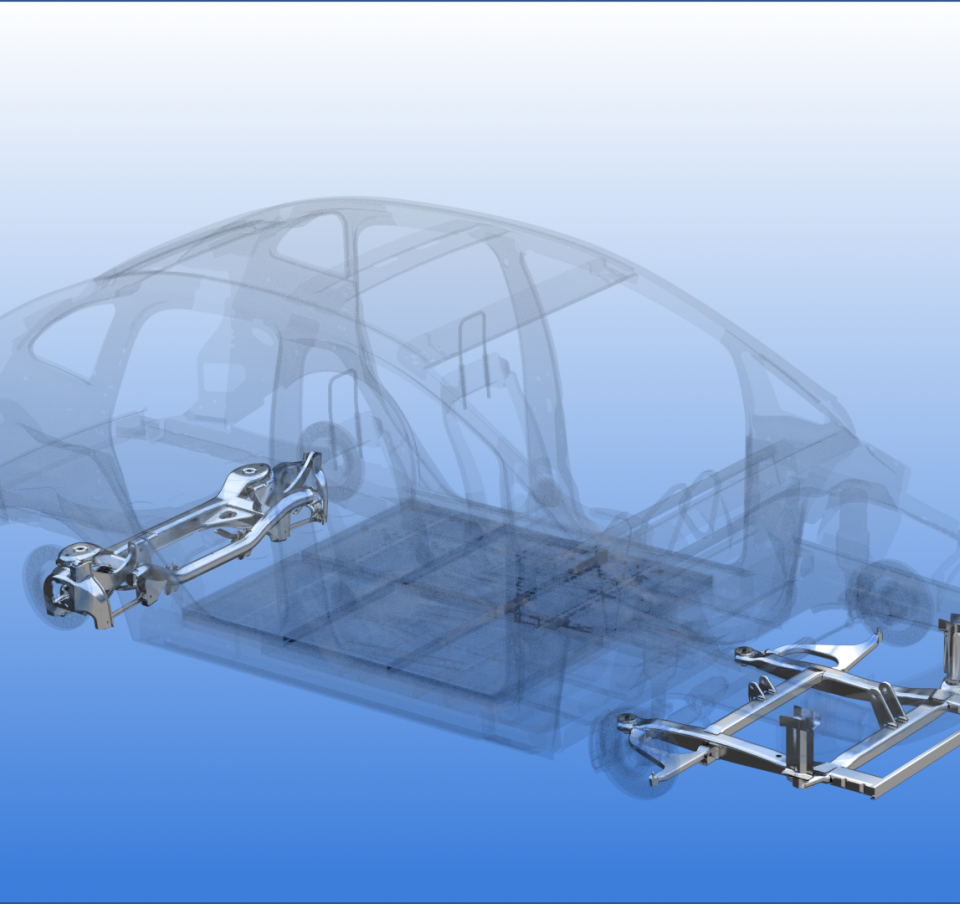 Chassis and suspension parts in situ in a 3D drawing of a car frame