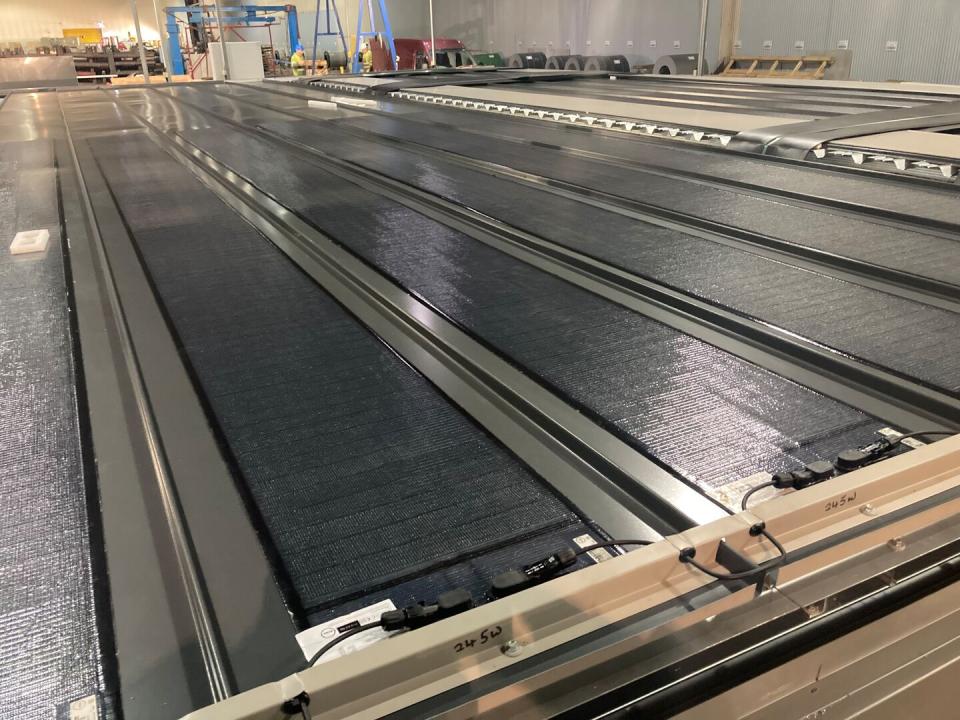 BIPVco’s Flexitron lightweight solar panels were laminated on to the Seismic roof cassettes in Shotton prior to being shipped to site