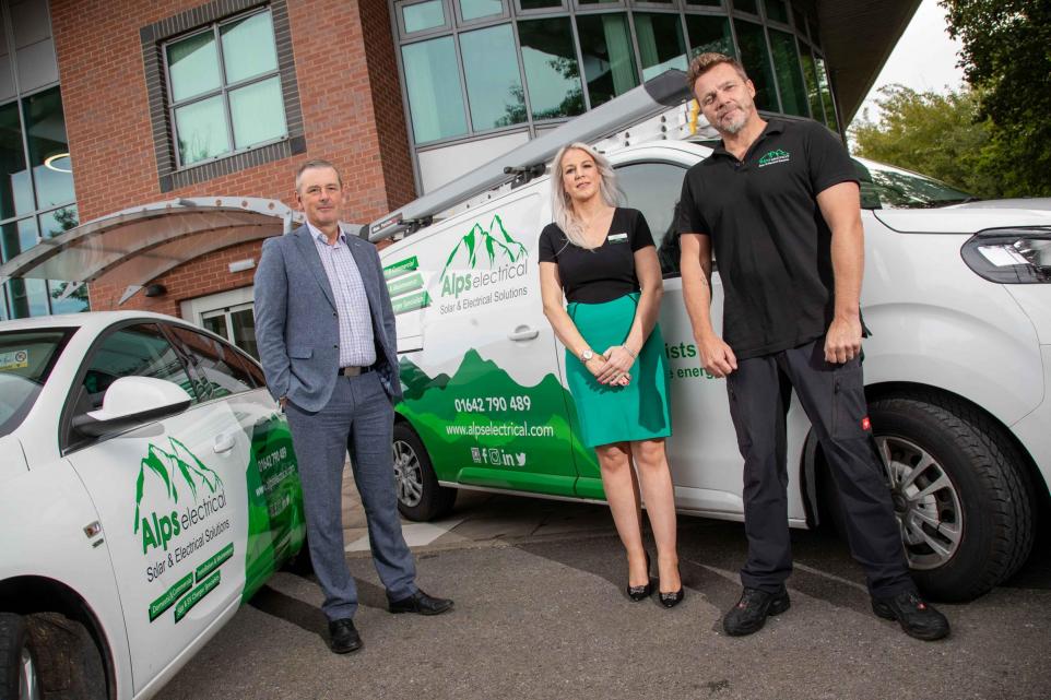 Peter Taylor (left), UKSE Business Development Manager, with Isabella and Andy Pemberton of Alps Electrical (Image: UKSE)