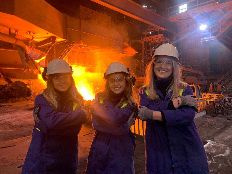 Macie Morris, Payten Phillips and Charlotte Storton at the Blast Furnaces in Port Talbot