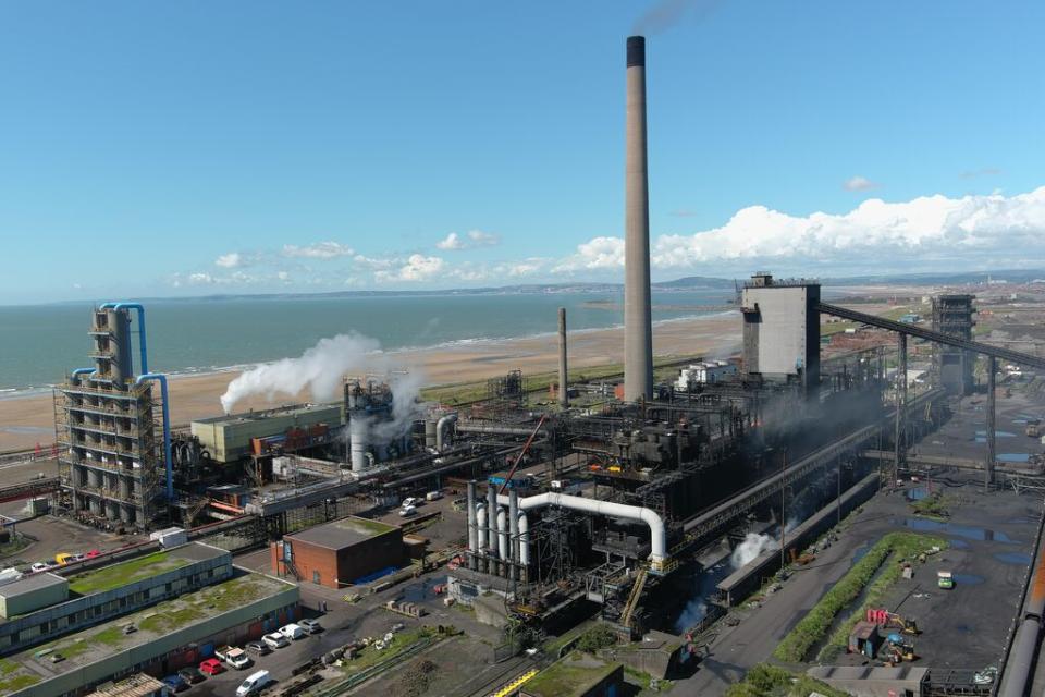 An aerial shot of Morfa Coke Ovens, Port Talbot steelworks. Swansea Bay can be seen in background.